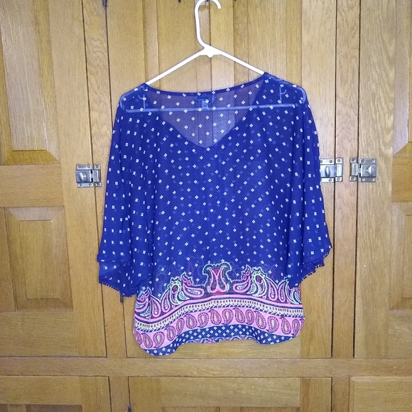 Olsenboye blue patterned flowy chiffon boho short sleeve peasant top - Picture 4 of 7